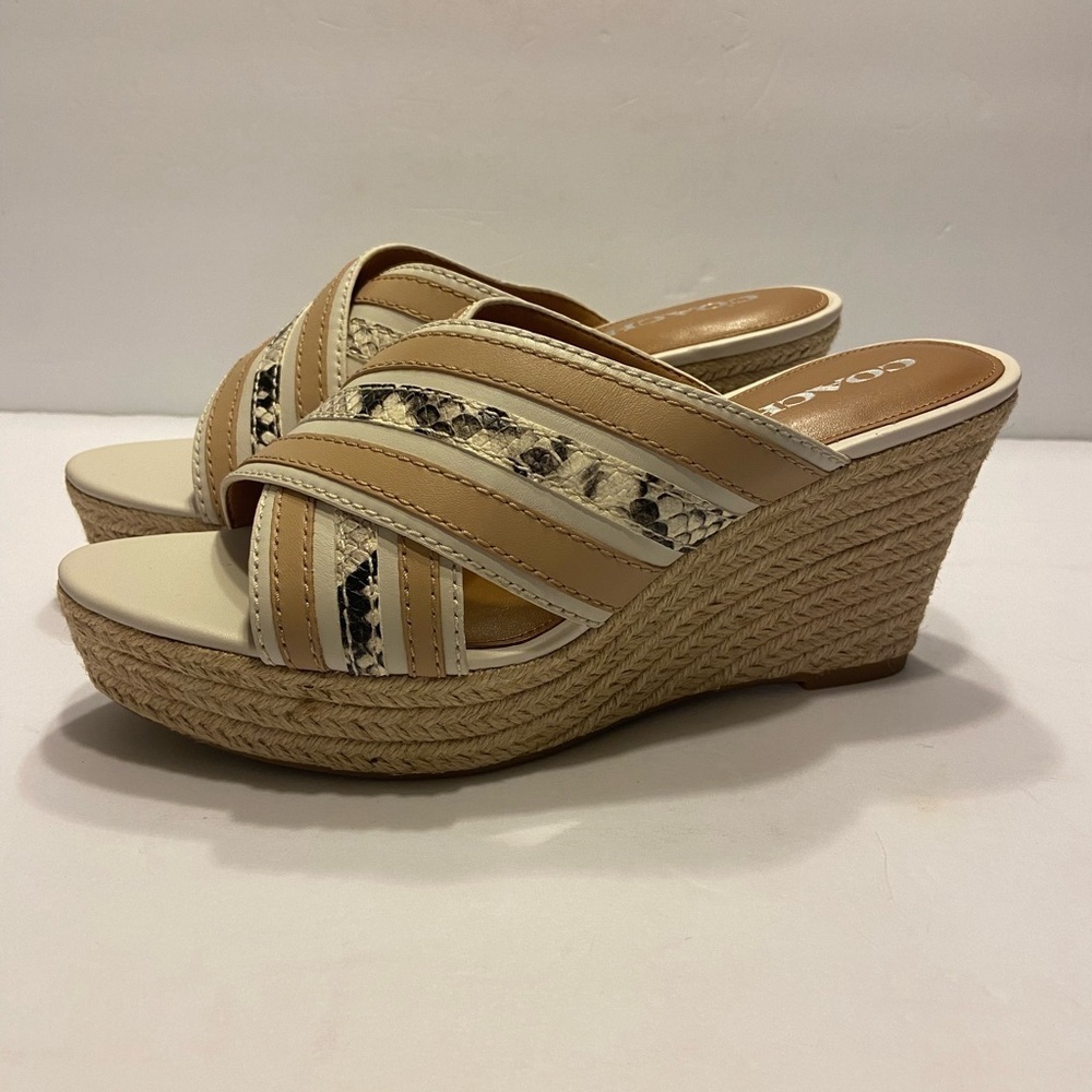 Brand New Coach Florentine Open Toe Leather Wedge Sandals Chalk Sz 10 - Picture 8 of 13